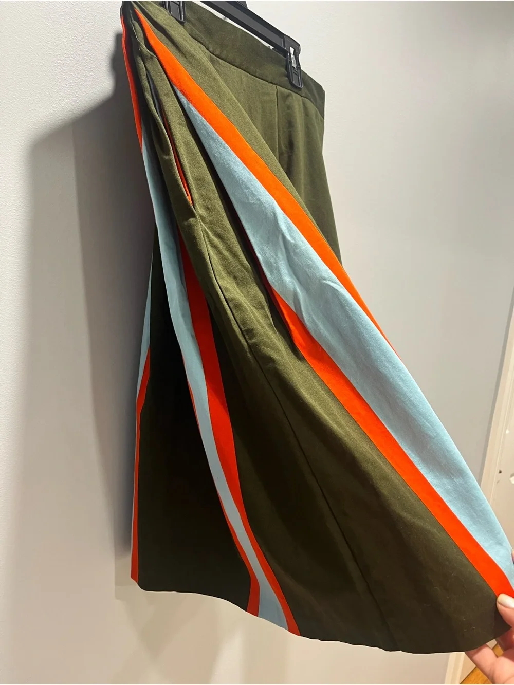 Closet London Striped Box Pleat Bell Midi Skirt Olive Green Orange Mod Size 10